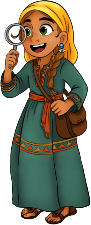 Noura, l'enquêtrice, avec sa loupe